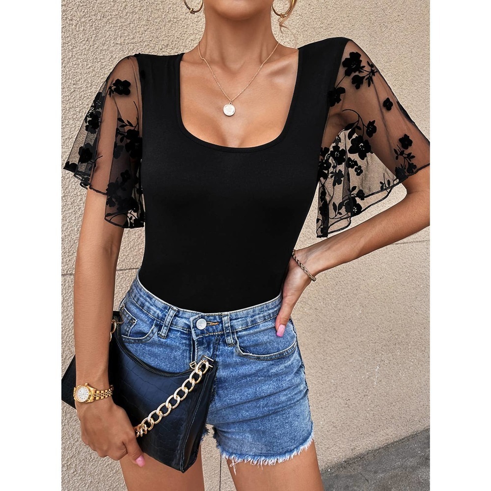 sheer sleeve Contrast Floral Mesh Flutter Sleeve Scoop Neck Bodysuit black